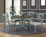Roundhill Furniture Prato 5-Piece Round Dining Table Set with Cross Back Chairs, Antique Blue and Weathered Walnut - Image 2