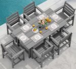 SERWALL Outdoor HDPE Dining Table Set, 7-Piece Outdoor Dining Table Sets with Umbrella Hole Cut-Out Table and 6 Chairs, Gray - Image 2