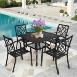 SUNCROWN 5-Piece Outdoor Wrought Iron Chairs and Table Patio Dining Furniture Set - 4 Stackable Metal Chairs, 1 Steel Slat Bistro Table for Garden Backyard Deck - Image 2