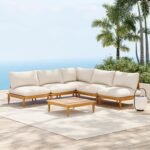 Scott Living Sacova Outdoor Acacia Wood V Shape Seating Set, Armless 5 Seater Sofa Conversation Set, Acacia Wood Coffee Table, Teak Finish Frame with Beige Cushion Conversation Furniture, Teak+Beige - Image 2