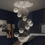 Siljoy Modern Foyer Chandeliers for High Ceiling, Large Staircase Chandelier with Spiral Sphere Design, Raindrop Crystal Chandelier Flush Mount Ceiling Light for Entryway Living Room W31.5 X H110 - Image 2