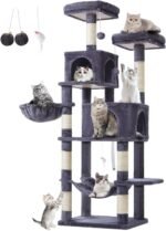 Taoqimiao Cat Tree, 66.2-Inch Cat Tower for Indoor Cats, Plush Multi-Level Cat Condo with 7 Scratching Posts, 2 Perches, 2 Caves, Hammock, 2 Pompoms, Smoky Gray MS013G - Image 2