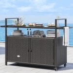 YITAHOME Large Outdoor Kitchen Wicker Island Rolling Cart, Patio Bar Table with Thickened Frame, Patio Storage Cabinet w/Wheels and Black Glass Table Top Backyard and Poolside Dark Brown - Image 2