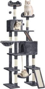 Yaheetech Cat Tree, 82.5in Large Tower w/Hammock, 2 Kitty-Ear Perches, 2 Cozy Condos, Scratching Posts, Basket, Furniture for Large Cats, Kittens, Dark Gray - Image 2