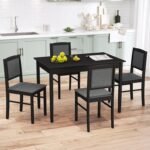 Tangkula Dining Table Set for 4, Farmhouse Solid Wood Dinette Set w/Rubber Wood Legs, Upholstered Seat & Padded Backrest, Mid-Century Modern Dining Table and Chairs Set for Kitchen, Dining Room - Image 3