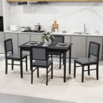 Tangkula Dining Table Set for 4, Farmhouse Solid Wood Dinette Set w/Rubber Wood Legs, Upholstered Seat & Padded Backrest, Mid-Century Modern Dining Table and Chairs Set for Kitchen, Dining Room - Image 4
