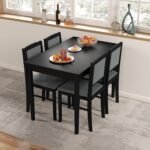 Tangkula Dining Table Set for 4, Farmhouse Solid Wood Dinette Set w/Rubber Wood Legs, Upholstered Seat & Padded Backrest, Mid-Century Modern Dining Table and Chairs Set for Kitchen, Dining Room - Image 9