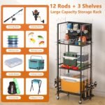 Fishing Rod Holder Up to 12 Rods，Rolling Fishing Cart For Tackle Box& Fishing Accessories, 3-Shelf Fishing Rod Holders For Garage, Fishing Gifts For Men - Image 4