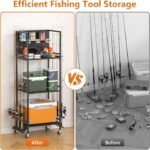 Fishing Rod Holder Up to 12 Rods，Rolling Fishing Cart For Tackle Box& Fishing Accessories, 3-Shelf Fishing Rod Holders For Garage, Fishing Gifts For Men - Image 5