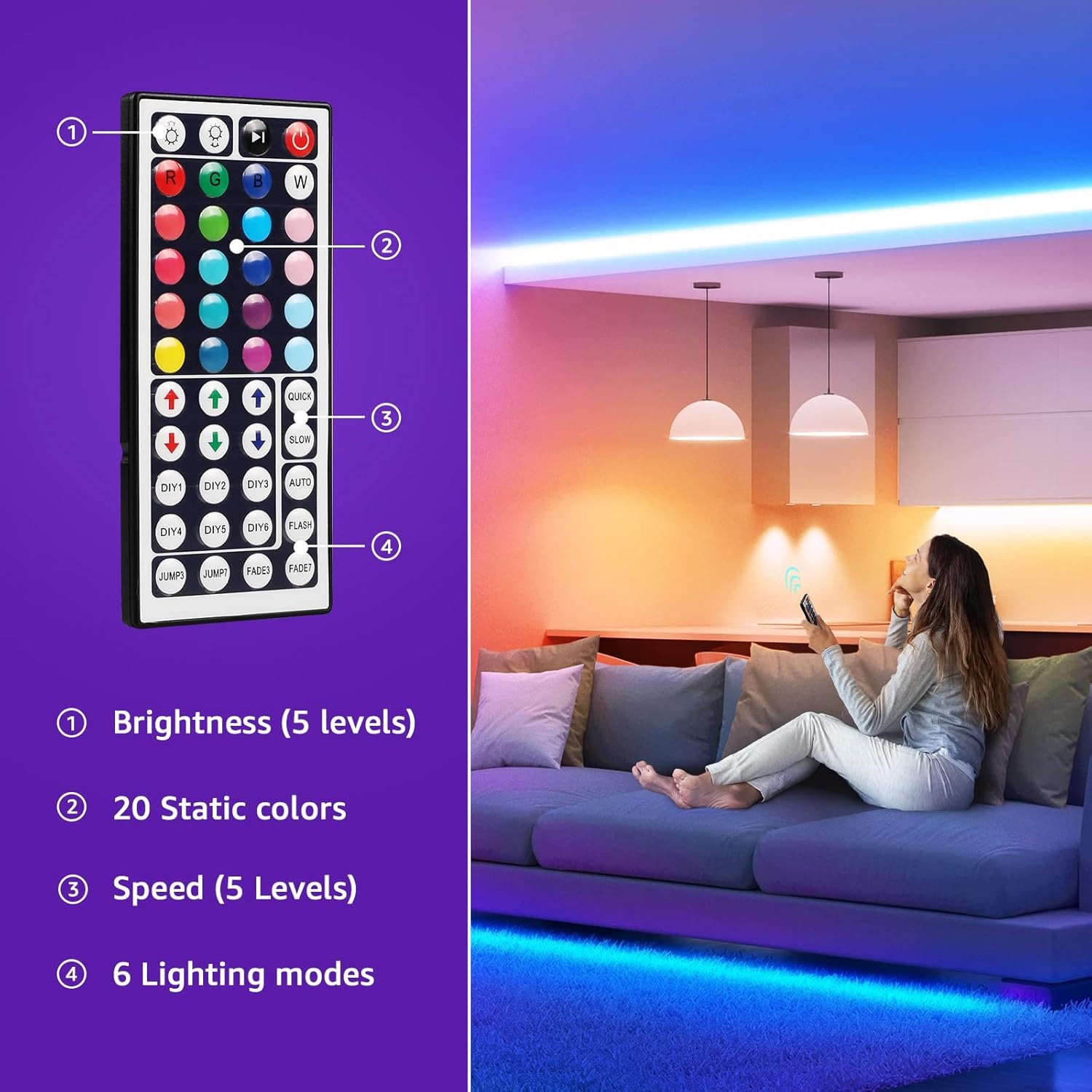 Lepro Indoor LED Strip Lights, 16.4ft RGB Color Changing 5050 SMD LED Light Strip with Remote & 24V Power Adapter for Home Decor, Bedroom, TV Backlight - Image 7