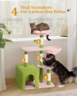 Flower Cat Tree for Indoor Cats, 2-Door Large Cat Condo Cave Bed for Big Adult Cats, 41.2'' Cute Cat Tower with Scratching Posts, Cozy Floral Perch and Hammock for Kittens, Green Pink - Image 3