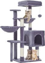 Taoqimiao Cat Tree, 39.4-Inch Cat Tower for Kittens, Cat Tree Tower with 5 Scratching Posts, Plush Cat Condo with Plush Perch, 2 Hammock, Pompoms, Smoky Gray MS019G - Image 5
