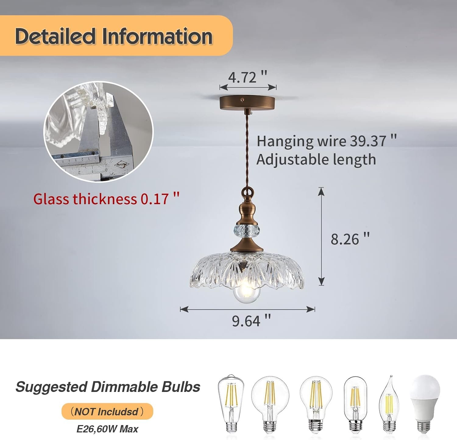 CVKASH Vintage Glass Pendant Light Fixture Brass Modern Adjustable Chandelier Farmhouse Hanging Light for Hallway Porch Kitchen Bedroom Coffee Shop Dining Room Island - Image 4