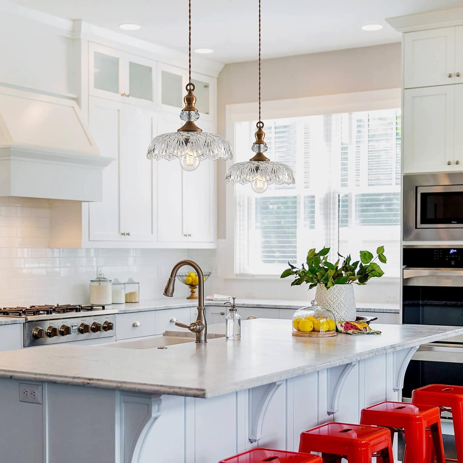 CVKASH Vintage Glass Pendant Light Fixture Brass Modern Adjustable Chandelier Farmhouse Hanging Light for Hallway Porch Kitchen Bedroom Coffee Shop Dining Room Island - Image 7