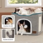 Bedsure Cat Beds for Indoor Cats - Large Cat Cave for Pet Cat House with Fluffy Ball Hanging and Scratch Pad, Foldable Cat Hideaway, 16.5x16.5x13 inches, Grey - Image 5