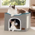 Bedsure Cat Beds for Indoor Cats - Large Cat Cave for Pet Cat House with Fluffy Ball Hanging and Scratch Pad, Foldable Cat Hideaway, 16.5x16.5x13 inches, Grey - Image 9