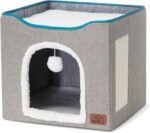 Bedsure Cat Beds for Indoor Cats - Large Cat Cave for Pet Cat House with Fluffy Ball Hanging and Scratch Pad, Foldable Cat Hideaway, 16.5x16.5x13 inches, Grey - Image 10
