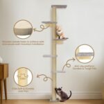 PAWSCRAT Wall-Mounted Cat Tree, 5 Tier Floor to Ceiling Cats Tower, 80 Inch Wall-Mounted Cat Scratching Post, Space Saving Cat Furniture and Easliy Climb for All Cats, Gery - Image 4