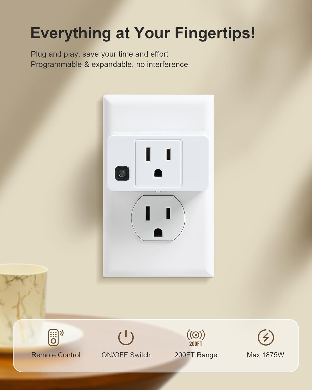 Wireless Remote Control Outlet, 200FT Long Range Remote Light Switch, Mini Remote Outlet Plug, 15A/1875W High-Power for Lamps, Lights, Household Appliances, FCC & ETL Listed (5 Outlets + 2 Remotes) - Image 3