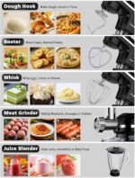 Stand Mixer 9 IN 1, 850W Tilt-Head Multifunctional Electric Mixer with 8 QT Stainless Steel Bowl, 1.5L Glass Jar, Meat Grinder, Hook, Whisk, Beater Dishwasher Safe (Black) - Image 3