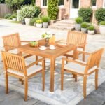 Greesum 5 Piece Patio Dining Set Outdoor Solid Wood Furniture for Yard, Garden, Porch w/Square Tabletop & 4 Chairs, White - Image 3