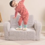 MOMCAYWEX Kids Sofa, 2-in-1 Flip-Out Foam Couch with Soft Sherpa Cover, Cozy Play Lounge Chair, Grey - Image 4