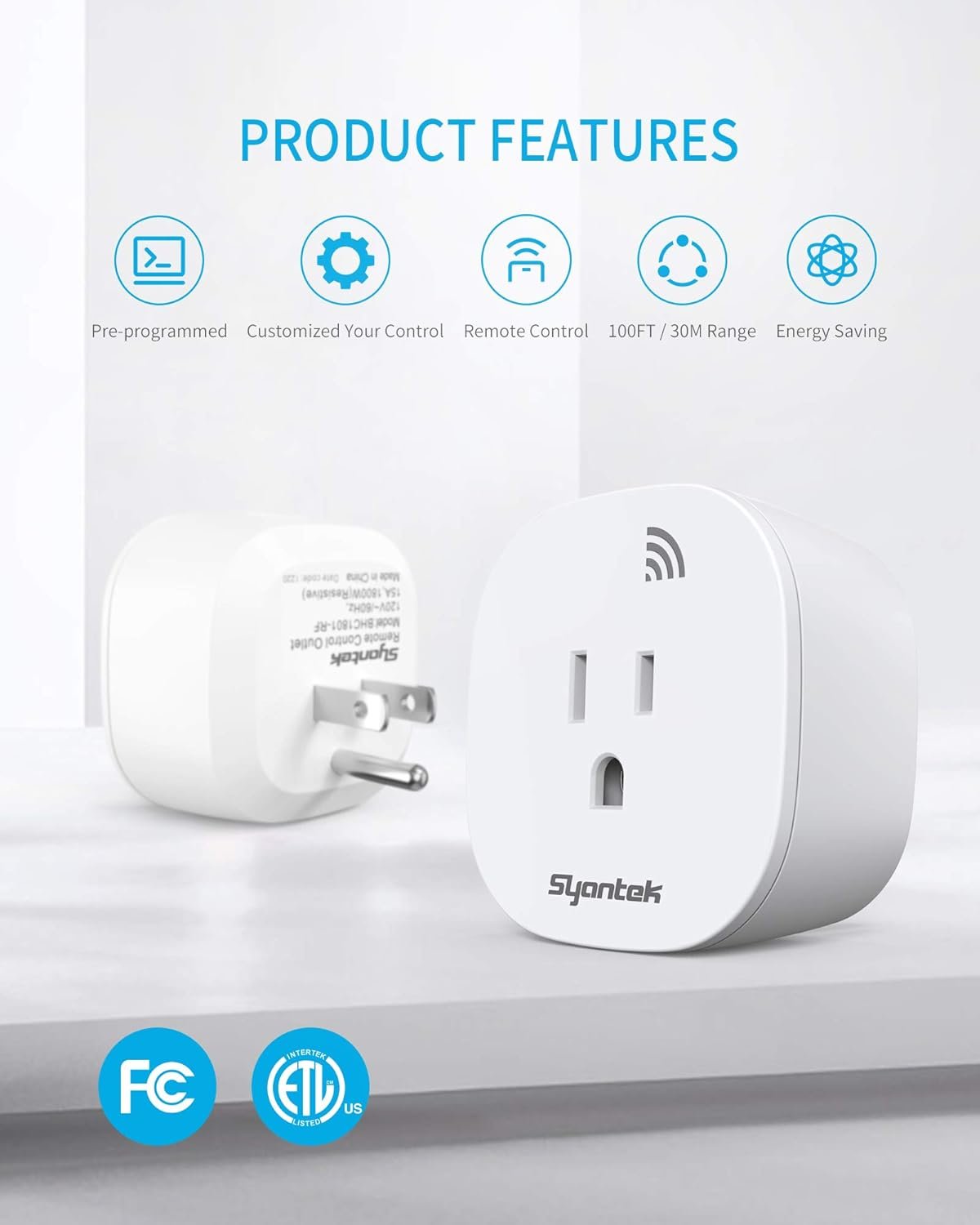 Syantek Remote Control Outlet Wireless Light Switch for Household Appliances, Expandable Remote Light Switch Kit, Up to 100 ft Range, FCC Certified, ETL Listed, White (3 Outlets + 1 Remotes) - Image 3
