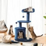 ClevaHome Small Deep Denim Blue Cat Tree for Small Spaces, Kittens, 33.5" Multi-Level Condo with Sisal Scratching Post, Plush Perches & Interactive Pompom Toy for Indoor Cats - Image 3