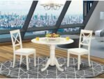 East West Furniture DLBO3-LWH-LC 3 Piece Modern Dining Table Set Contains a Round Wooden Table with Dropleaf and 2 Faux Leather Kitchen Dining Chairs, 42x42 Inch, Linen White - Image 3