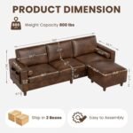 Vesgantti 100" PU Faux Leather Sofa with Movable Ottoman, 3 Seater L Shaped Leather Sectional Couch with Side Pocket, Comfy Mid Century Modern Modular Couch for Living Room, Apartment, Cocoa - Image 3
