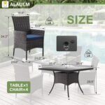ALAULM 5 Piece Patio Dining Set All-Weather Wicker Outdoor Furniture Set w/Tempered Glass Tabletop, Removable Cushions and Umbrella Hole for Patio, Backyard, Garden, Poolside（Navy） - Image 3