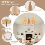 Boho Rattan Chandelier with Fabric Shade, Antique Gold Brass Farmhouse Chandeliers, 5-Lights Coastal Gold Pendant Light Fixtures for Dining Room Kitchen Island Living Room Hemp Rope - Image 5