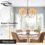 Boho Rattan Chandelier with Fabric Shade, Antique Gold Brass Farmhouse Chandeliers, 5-Lights Coastal Gold Pendant Light Fixtures for Dining Room Kitchen Island Living Room Hemp Rope - Image 6