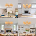 Boho Rattan Chandelier with Fabric Shade, Antique Gold Brass Farmhouse Chandeliers, 5-Lights Coastal Gold Pendant Light Fixtures for Dining Room Kitchen Island Living Room Hemp Rope - Image 7