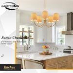 Boho Rattan Chandelier with Fabric Shade, Antique Gold Brass Farmhouse Chandeliers, 5-Lights Coastal Gold Pendant Light Fixtures for Dining Room Kitchen Island Living Room Hemp Rope - Image 9
