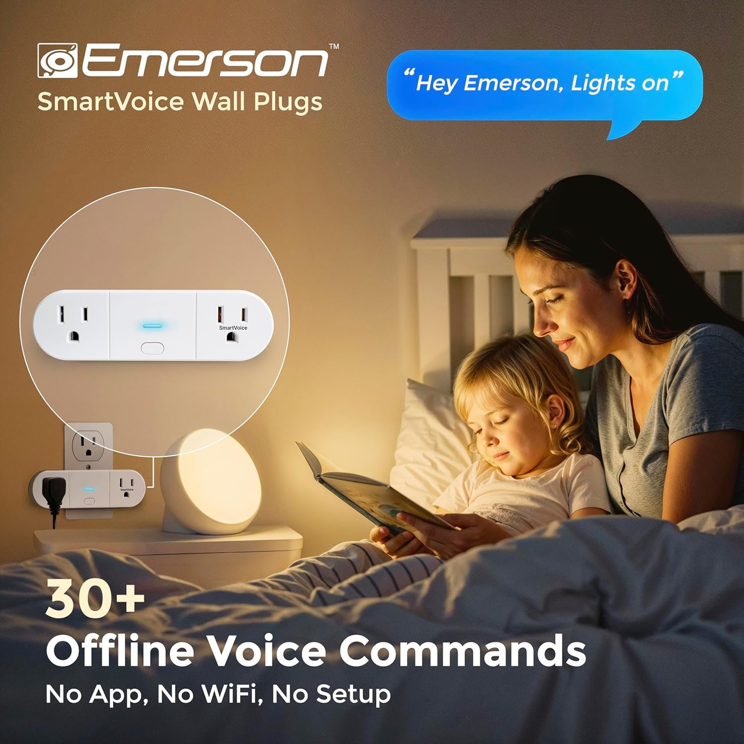 Emerson SmartVoice 2-in-1 Dual Wall Plug, Offline 30+ Voice Control Commands - No APP, No WiFi, No Setup, Smart Outlet Extender for Home and Office, Sleep & Wake Timer, ETL Listed - Image 4