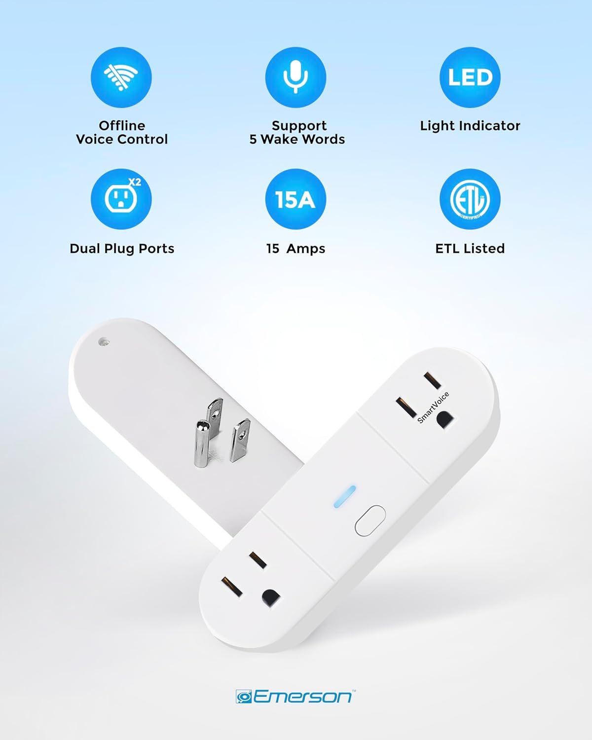 Emerson SmartVoice 2-in-1 Dual Wall Plug, Offline 30+ Voice Control Commands - No APP, No WiFi, No Setup, Smart Outlet Extender for Home and Office, Sleep & Wake Timer, ETL Listed - Image 7