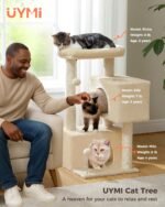 32" Cat Tree Tower for Indoor Cats - 2 Cozy Condos, Multi-Level Cat Scratching Posts with Sisal, Soft Padded Perch, 2 Dangling Toys, Beige - Image 3