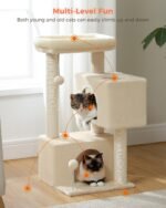 32" Cat Tree Tower for Indoor Cats - 2 Cozy Condos, Multi-Level Cat Scratching Posts with Sisal, Soft Padded Perch, 2 Dangling Toys, Beige - Image 7