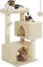 32" Cat Tree Tower for Indoor Cats - 2 Cozy Condos, Multi-Level Cat Scratching Posts with Sisal, Soft Padded Perch, 2 Dangling Toys, Beige - Image 2