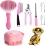 7 Pcs Cat Dog Brush Grooming Kits, Self-Cleaning Slicker Brush, Pet Nail Clipper and File, Flea Comb, Pet Shampoo Bath Brush, Pet Finger Toothbrush, Storage Bag (Pink) - Image 2