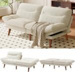 AMADA 66"Convertible Futon Sofa Bed, Corduroy Folding Futon Set with Adjustable Backrest &Armrests, Recliner Lounge for Living Room, Apartment or Office, Solid Wood Frame, Loveseat Sofa - Beige White - Image 2