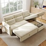 Amada Sectional Sofa Bed with Reversible Storage Chaise, Convertible Pull Out Couch Bed Cloud Chenille Couch with USB Charging & Side Pockets, L Shaped Modular Couches for Living Room (Beige) - Image 2