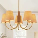 Boho Rattan Chandelier with Fabric Shade, Antique Gold Brass Farmhouse Chandeliers, 5-Lights Coastal Gold Pendant Light Fixtures for Dining Room Kitchen Island Living Room Hemp Rope - Image 2