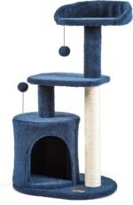 ClevaHome Small Deep Denim Blue Cat Tree for Small Spaces, Kittens, 33.5" Multi-Level Condo with Sisal Scratching Post, Plush Perches & Interactive Pompom Toy for Indoor Cats - Image 2