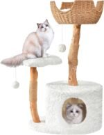 Easyego Modern Cat Tree, Aesthetic Wood Cat Tree Tower for Large Cats, Luxury Cat Condo with Scratching Posts and Flower Platforms, Cat Furniture by Easyego, (Rabbit Hair - White) - Image 2