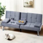 FLEXISPOT XCT3 Futon Sofa Bed with USB & Type-C Charging Port, Convertible Sleeper Couch with Adjustable Backrest, Folding Loveseat for Small Space, Living Room, Guest Room, Apartment (Velvet, Gray) - Image 2