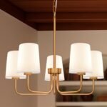 Farmhouse Chandelier, 5-Light Brass Chandelier with White Fabric Shade, Height Adjustable Modern Dining Room Light Fixture with E26 Base for Bedroom Foyer Hallway Entryway Kitchen Living Room - Image 2