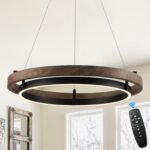 LED Ring Chandelier Dimmable Black Chandelier Round Foyer Chandeliers Light Walnut Wood Black Circular Chandeliers for Dining Room Entry Bedroom Office Living Room, 24in - Image 2