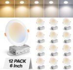 MAILCOS 12 Pack 6 Inch 5CCT Ultra-Thin LED Recessed Ceiling Light with Junction Box, 2700K-5000K Selectable, 1050LM High Brightness, Dimmable Canless Wafer Downlight, 12W 120V, ETL - Image 2